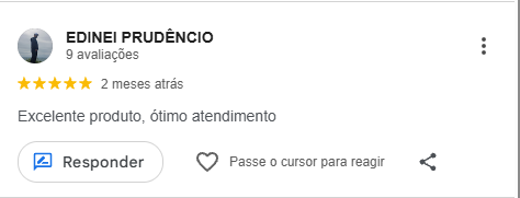 Avaliação 5 estrelas no Google de Edinei Prudêncio: 'Excelente produto, ótimo atendimento'