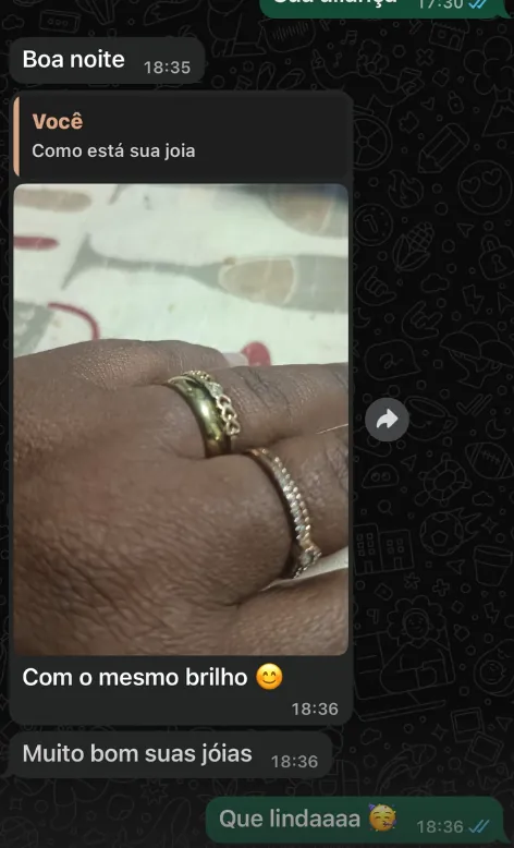 Feedback de cliente no WhatsApp: 'Com o mesmo brilho. Muito bom suas joias'