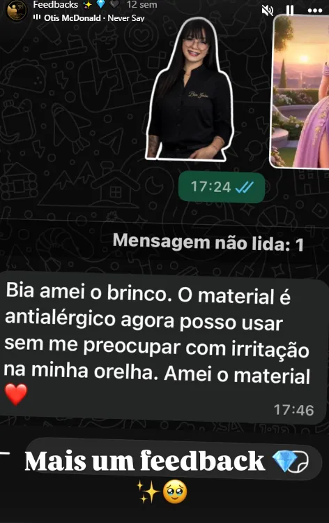 Feedback de cliente: 'Amei o brinco, material antialérgico'